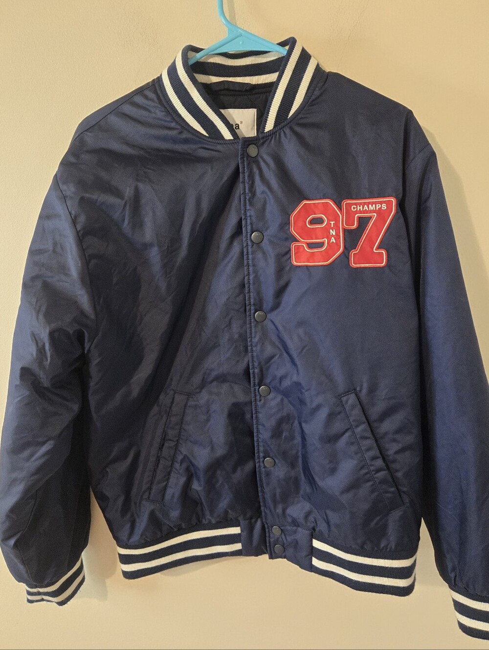 Aritzia TNA 97 Champs Varsity Bomber Jacket Navy Blue Size M